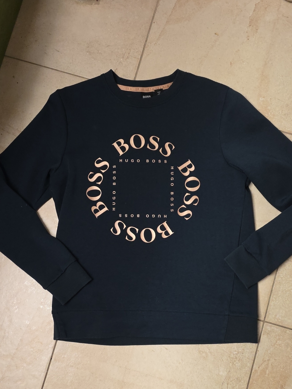 Hugo Boss Navy Crewneck Sweatshirt with Rose Gold Circular Logo